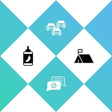 Set Pepper spray, Speech bubble chat, Traffic jam and Protest camp icon. Vector Stock Illustration