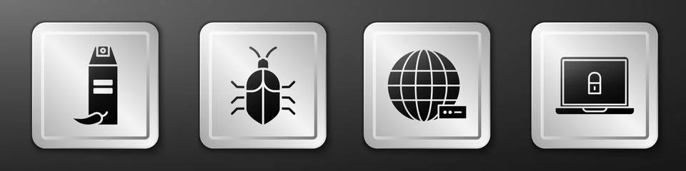 Set Pepper spray, System bug concept, Social network and Laptop and lock icon Illustrazione stock