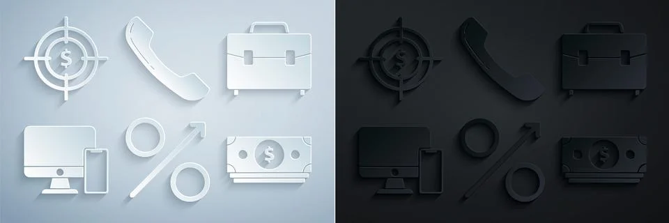Set Percent up arrow, Briefcase, Computer monitor and mobile phone, Stacks paper Stock-Illustration