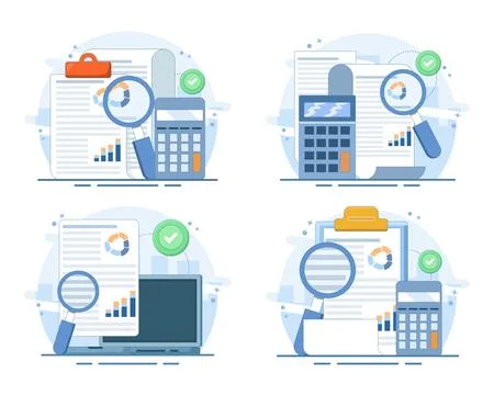 Set of performance data analytics and investment report flat vectors Иллюстрация