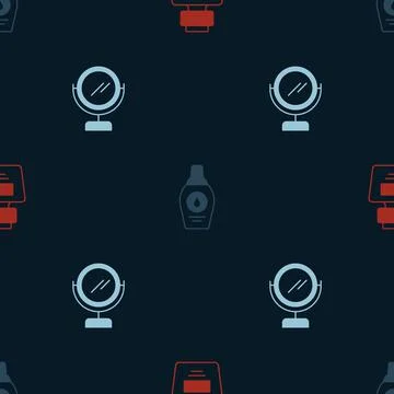 Set Perfume, Bottle of shampoo and Round makeup mirror on seamless pattern Stock Illustration