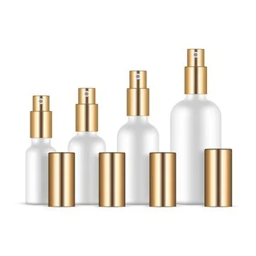 Set of Perfume Bottles With Gold Sprayers and Caps Stock Illustration
