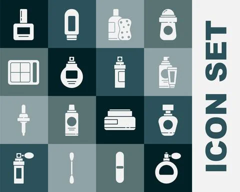 Set Perfume, Cream or lotion cosmetic tube, Bottle of shampoo and sponge, Eye Stock-Illustration