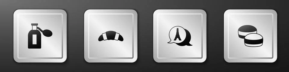 Set Perfume, Croissant, Eiffel tower and Macaron cookie icon. Silver square Stock Illustration