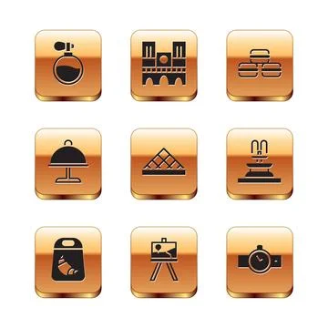 Set Perfume, Croissant package, Easel or painting art boards, Louvre museum Stock Illustration
