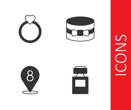 Set Perfume, Diamond engagement ring, 8 March and Gift box and heart icon. .. Ilustração Stock