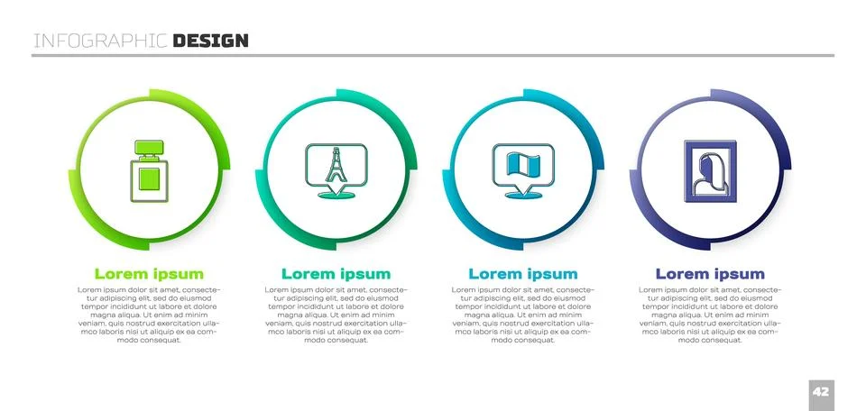 Set Perfume, Eiffel tower, Flag France and Portrait picture in museum. Busi.. Stock Illustration