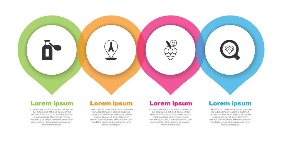 Set Perfume, Eiffel tower, Grape fruit and Coffee cup. Business infographic Illustrazione stock