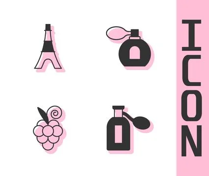 Set Perfume, Eiffel tower, Grape fruit and icon. Vector 库存插图
