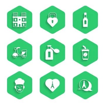 Set Perfume, Eiffel tower with heart, Coffee cup go, Cook, Scooter, Champagne Illustrazione stock