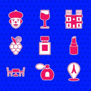 Set Perfume, Eiffel tower, Lipstick, French cafe, Grape fruit, Notre Dame de 스톡 일러스트