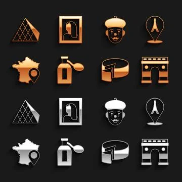 Set Perfume, Eiffel tower, Triumphal Arch, Cheese, Map of France, French mime Stock-Illustration