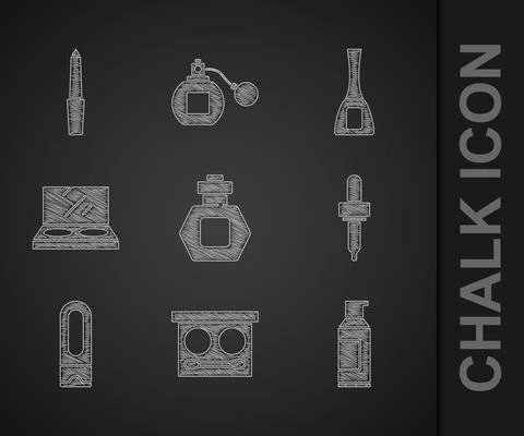 Set Perfume, Eye shadow palette, Spray can for hairspray, Pipette, Bottle of Stock-Illustration