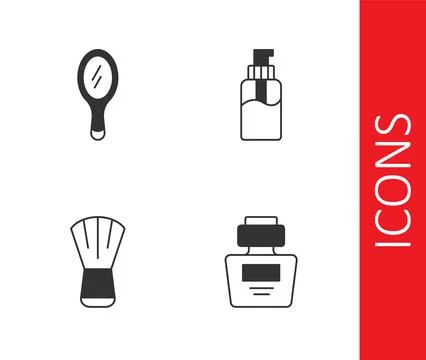 Set Perfume, Hand mirror, Makeup brush and Bottle of liquid soap icon. Vector Illustration
