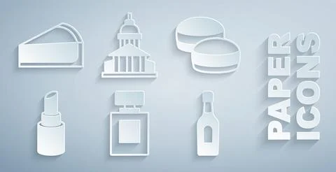 Set Perfume, Macaron cookie, Lipstick, Champagne bottle, Museum building and Ilustración de archivo