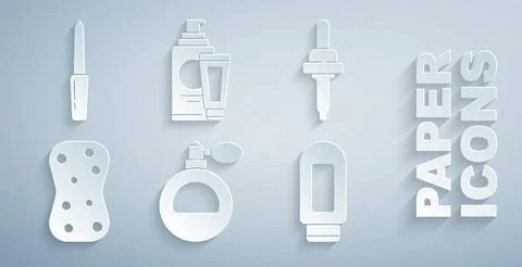 Set Perfume, Pipette, Sponge with bubbles, Cream or lotion cosmetic tube, and Stock-Illustration