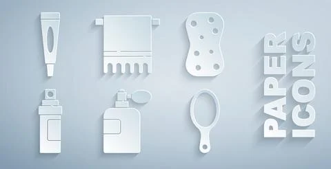 Set Perfume, Sponge with bubbles, Hand mirror, Towel hanger and Cream lotion Illustration