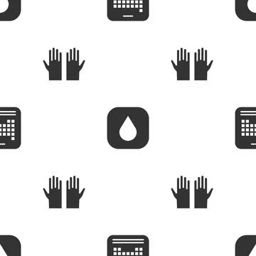 Set Periodic table, Water drop and Medical rubber gloves on seamless pattern Illustrazione stock