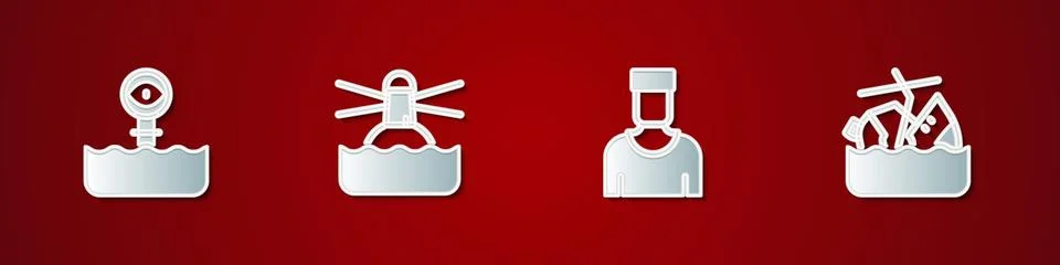 Set Periscope, Lighthouse, Sailor captain and Sinking cruise ship icon. Vecto Ilustración de archivo