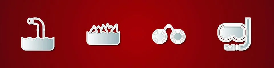 Set Periscope, Sharp stone reefs, Binoculars and Diving mask and snorkel icon Stock Illustration