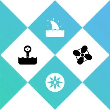 Set Periscope, Wind rose, Shark fin ocean wave and Boat propeller icon. Vector Stock-Illustration
