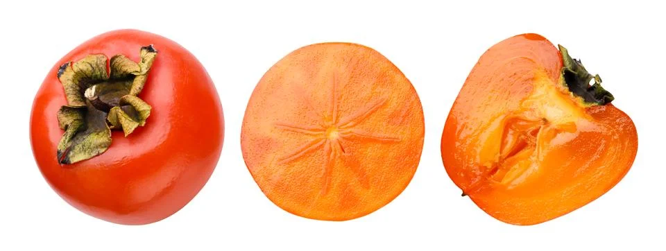 Set of persimmon fruit and two halves cut out on white. Stock Photos
