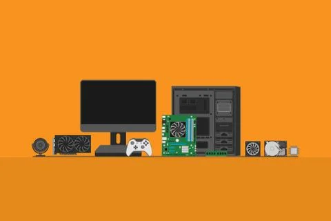 Set of personal computer hardware PC components Gadgets and Devices collectio Stock Illustration