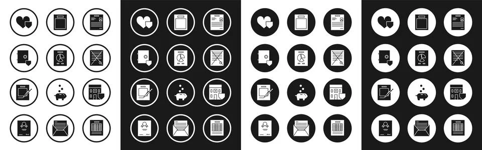 Set Personal document, Document with graph chart, Safe shield, Heart, Delete Ilustración de archivo
