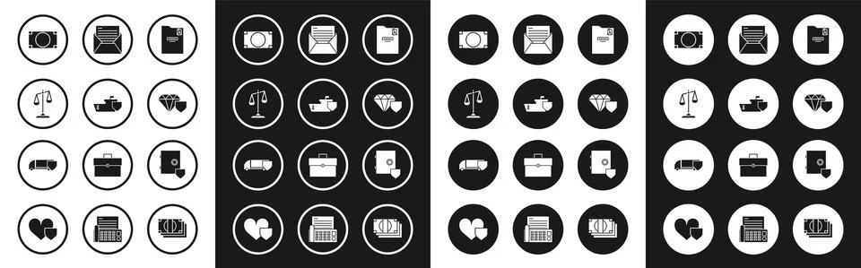 Set Personal folder, Ship with shield, Scales of justice, Stacks paper money Stock Illustration