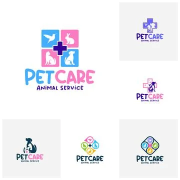 Set of Pet care service with plus logo vector template. Modern pet care log.. Stock Illustration