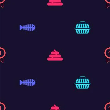Set Pet carry case, Fish skeleton, Shit and Dog award symbol on seamless pattern Stock Illustration
