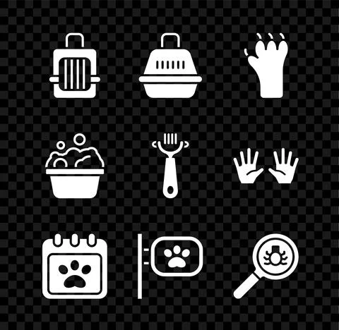 Set Pet carry case, Paw print, Calendar grooming, Flea search, Pets bath and Stock-Illustration