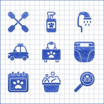 Set Pet first aid kit, Pets bath, Flea search, Diaper for dog, Calendar grooming Stock Illustration