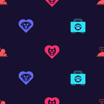 Set Pet first aid kit, Heart with dog, cat and Clockwork mouse on seamless Illustrazione stock