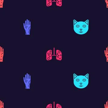 Set Pet, Hand with psoriasis or eczema, Lungs and  on seamless pattern. Vecto Illustrazione stock