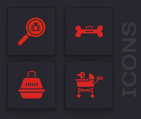 Set Pet stroller, Flea search, Dog bone and carry case icon. Vector Stock Illustration