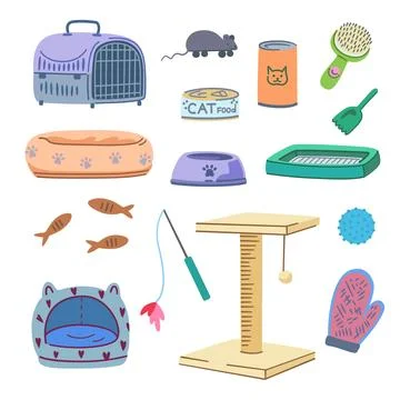 Set of pet supplies. Elements of cat grooming elements, food, toys, cages, .. Stock Illustration