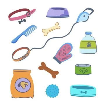 Set of pet supplies. Elements of dog grooming elements, food, toys, cages, .. Stock Illustration