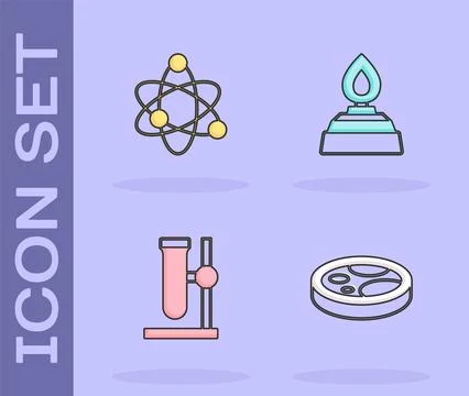 Set Petri dish with bacteria, Atom, Test tube flask on stand and Alcohol or.. Stock Illustration