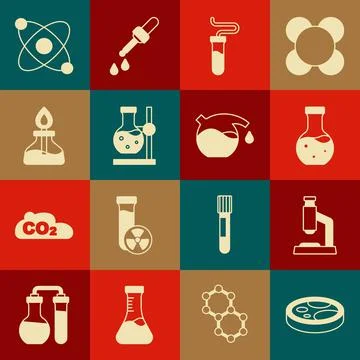 Set Petri dish with bacteria, Microscope, Test tube, flask on stand, Alcohol or 库存插图
