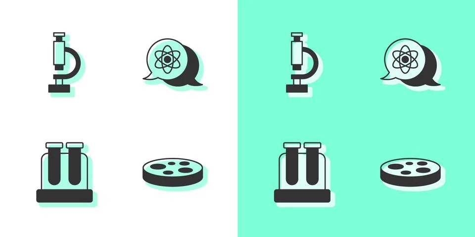 Set Petri dish with bacteria, Microscope, Test tube and Atom icon. Vector 스톡 일러스트