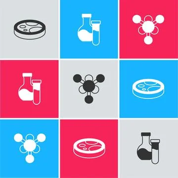 Set Petri dish with bacteria, Test tube and Molecule icon. Vector 库存插图
