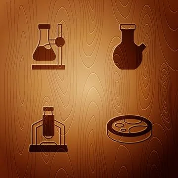 Set Petri dish with bacteria, Test tube flask on stand, Microscope and  on .. 库存插图