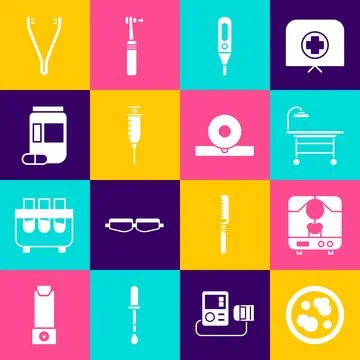 Set Petri dish with bacteria, X-ray machine, Operating table, Medical digital Stock Illustration