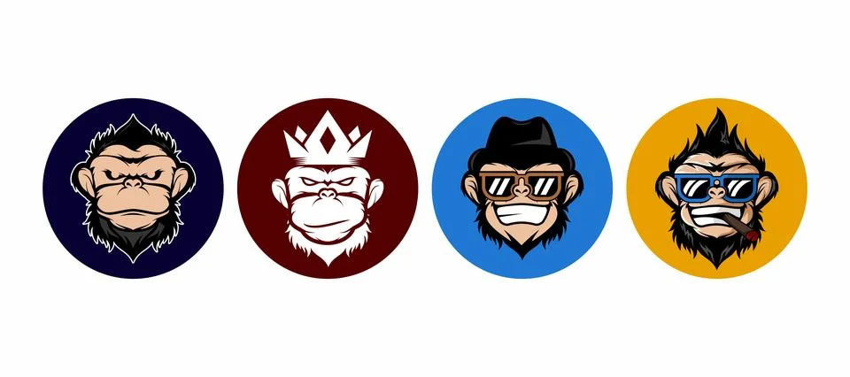Set pf Monkey mascot logo icon vector, Geek monkey logo. Chimpanzee vector .. Stock Illustration