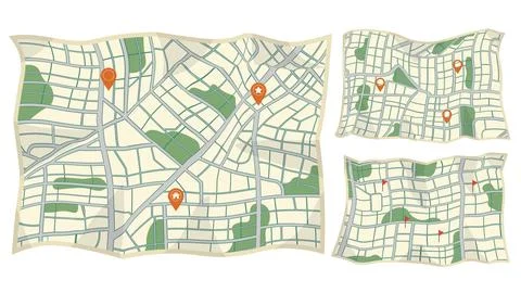 Set pf paper map with red points. Local street gps navigate. City route Stock Illustration
