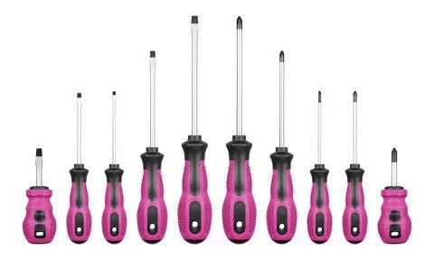 Set of Philips and flathead screwdrivers Pink color on isolated white backgro Stock Photos