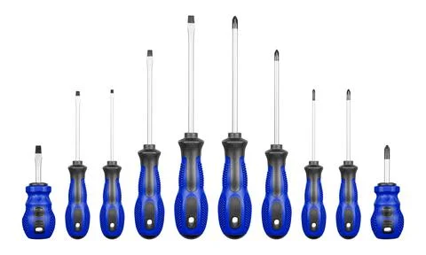 Set of Philips and flathead screwdrivers blue color on isolated white backg.. Stock Photos