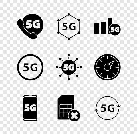 Set Phone with 5G network, Mobile, Sim card rejected, and icon. Vector Stock Illustration