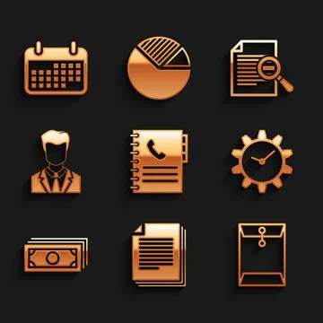 Set Phone book, Document, Envelope, Time Management, Stacks paper money cash and 스톡 일러스트